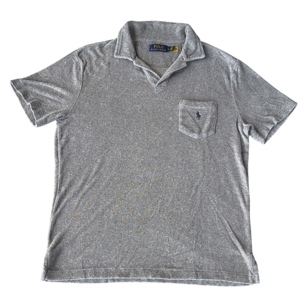 Polo Ralph Lauren Mens Sz M Gray Terry Cloth Open Collar Polo Shirt Pocket Pony
